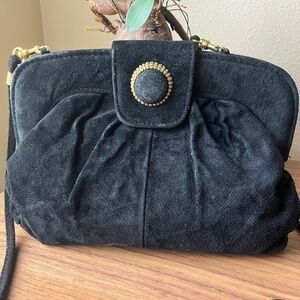 Vintage 80s 1980s Black Suede Evening Bag Purse with Gold Button Hardware
